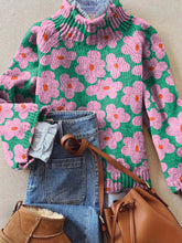 Women's Lovely Floral Art Print Knit Turtleneck Pullover Sweater